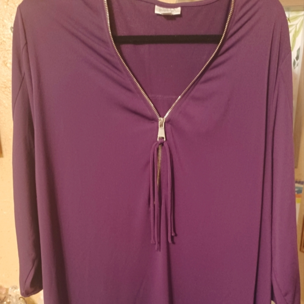 Plus Size blouse. Deep purple silky, l/s, dressy blouse with gold zipper Size 3X